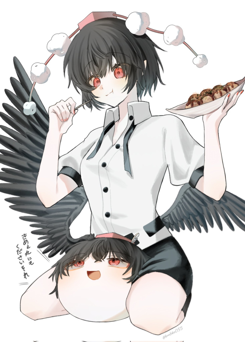 2girls, :d, :t, bird_wings, black_hair, black_skirt, black_wings, collared_shirt