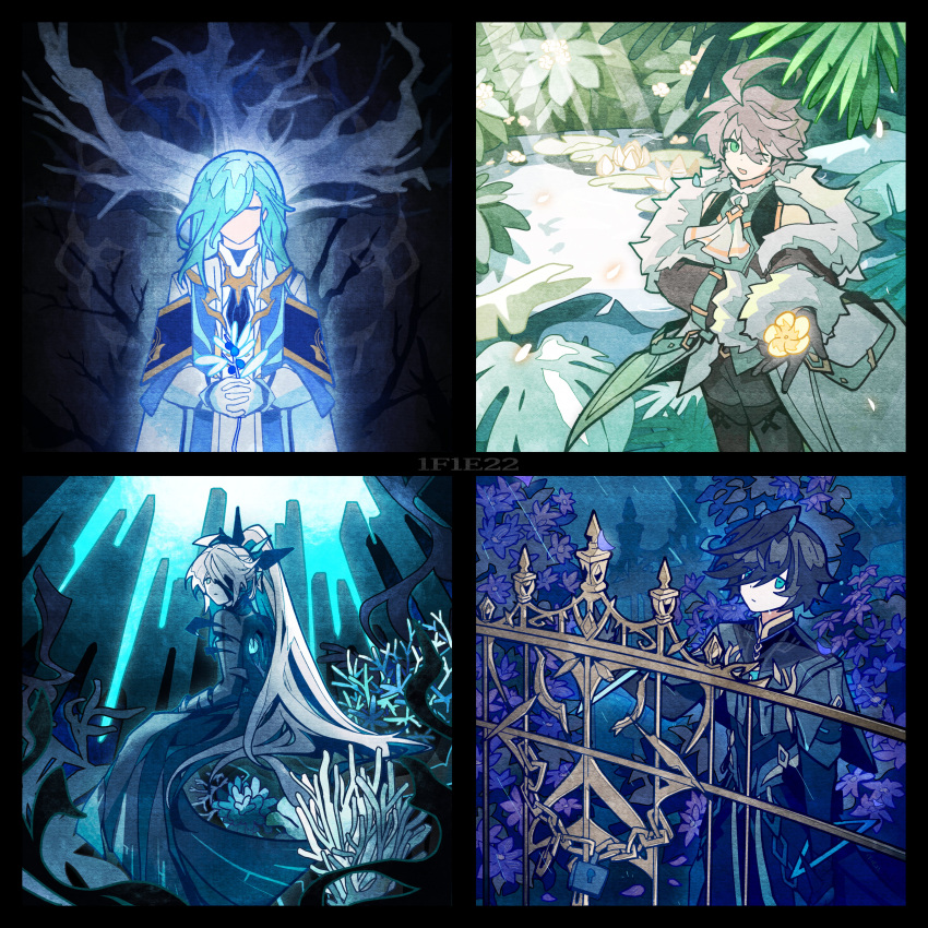 4boys, ;d, absurdres, ahoge, ainchase_ishmael, artist_name, ascot, bare_tree, black_gloves, black_hair, black_shirt, blue_eyes, blue_hair, bluhen_(elsword), chinese_commentary, closed_eyes, coat, colored_inner_hair, commentary_request, coral, core, elsword, expressionless, eyepatch, eyes_visible_through_hair, fence, flower, fur-trimmed_coat, fur-trimmed_sleeves, fur_trim, gloves, glowing, glowing_petals, green_eyes, grey_hair, hair_over_one_eye, herrscher_(elsword), highres, holding, holding_flower, hollow_body, lily_pad, lock, long_hair, long_sleeves, looking_at_viewer, male_focus, medium_hair, multicolored_hair, multiple_boys, multiple_persona, off_shoulder, one_eye_closed, opferung_(elsword), padlock, petals, pond, ponytail, purple_flower, rain, richter_(elsword), shirt, short_hair, sleeveless, sleeveless_shirt, smile, tree, two-tone_hair, underwater, very_long_hair, water_lily_flower, white_ascot, white_coat, yellow_flower, zei0