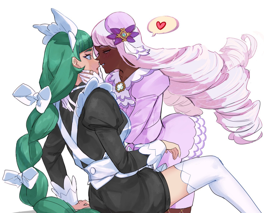 2girls, apron, ascot, black_romper, blunt_bangs, bow, braid, braided_ponytail