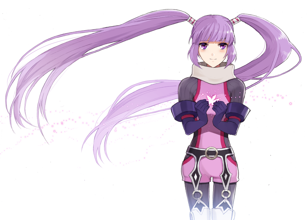 bodysuit, buckle, flower, gloves, long_hair, oselo721, purple_eyes, purple_hair