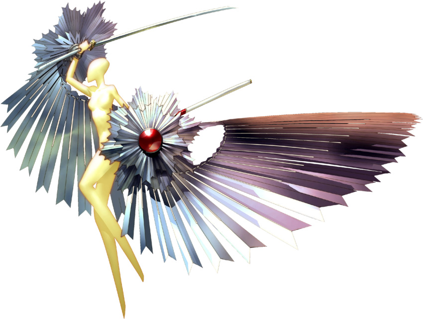 1girl, amaterasu_(persona), breasts, colored_skin, faceless, faceless_female, holding, holding_sheath, holding_sword, holding_weapon, official_art, persona, persona_(summon), persona_4, scabbard, sheath, simple_background, soejima_shigenori, solo, sword, third-party_source, transparent_background, weapon, yellow_skin