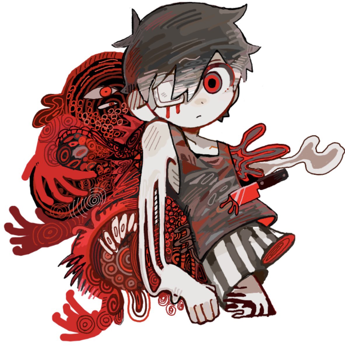 1boy, antenna_hair, black_hair, black_shorts, black_tank_top, blood, blood_on_clothes, closed_mouth