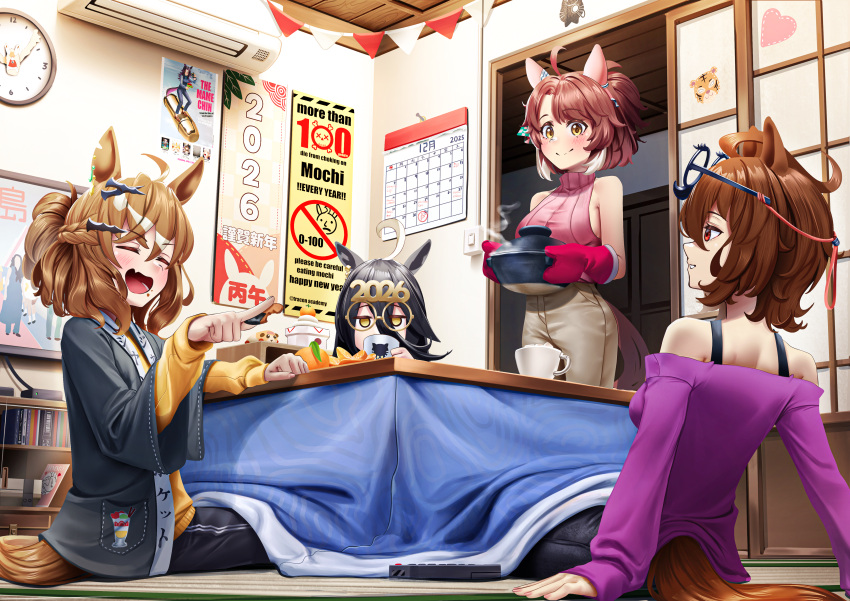 2026, 4girls, :d, absurdres, agnes_tachyon_(casual)_(umamusume), agnes_tachyon_(umamusume), ahoge, air_conditioner