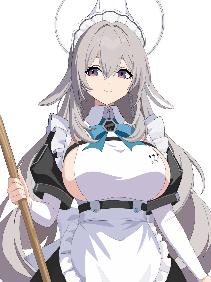 1girl, absurdres, alternate_costume, animal, animal_ears, black_skirt, breasts, broom, buttons, chaos_zero_nightmare, closed_mouth, commentary_request, detached_collar, dress, earrings, frilled_dress, frills, grey_hair, hair_between_eyes, halo, highres, holding, holding_broom, horns, jaxelev, jewelry, large_breasts, long_hair, long_sleeves, maid, maid_headdress, mechanical_horns, mole, mole_under_eye, multicolored_eyes, neck_ribbon, rabbit_ears, ribbon, sereniel_(chaos_zero_nightmare), sideboob, single_earring, skirt, smile, violet_eyes