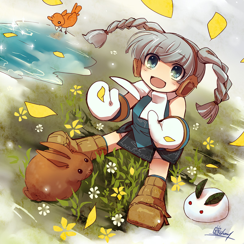 bird, boots, braid, bunny, earmuffs, flower, gloves, grass