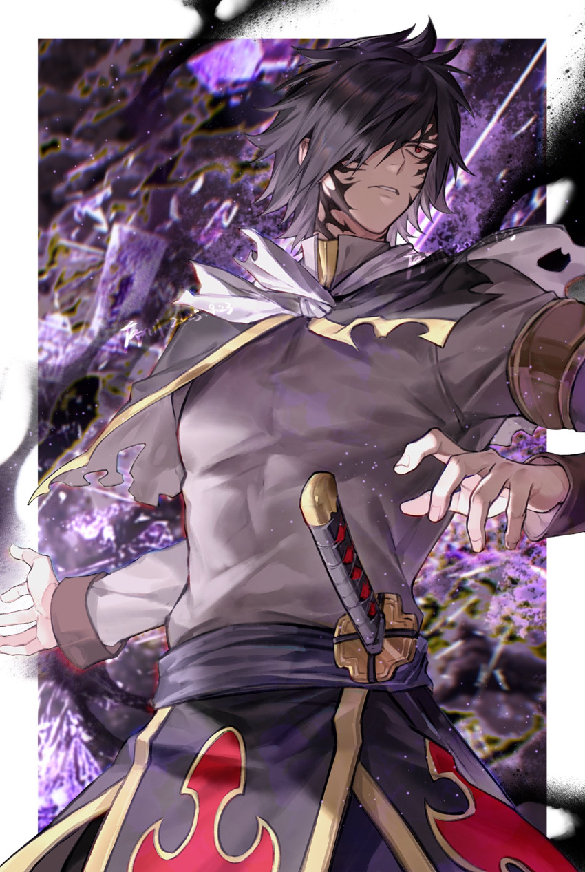 1boy, artist_name, black_hair, border, brown_shirt, capelet, commentary, cowboy_shot