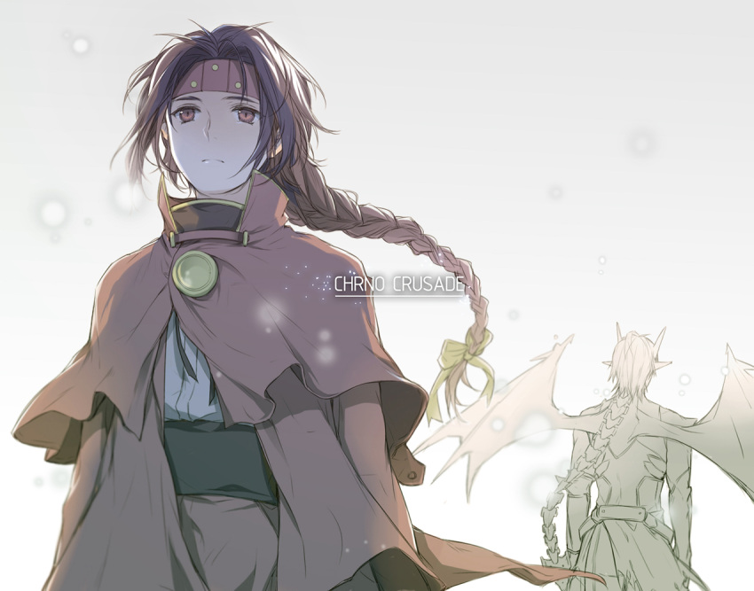black_hair, bow, bridge, chrno_crusade, chrono, chrono_crusade, demon_horns, demon_wings