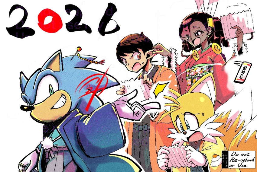 1girl, 2026, 3boys, animal_ears, black_hair, blue_eyes, brown_hair, commentary_request