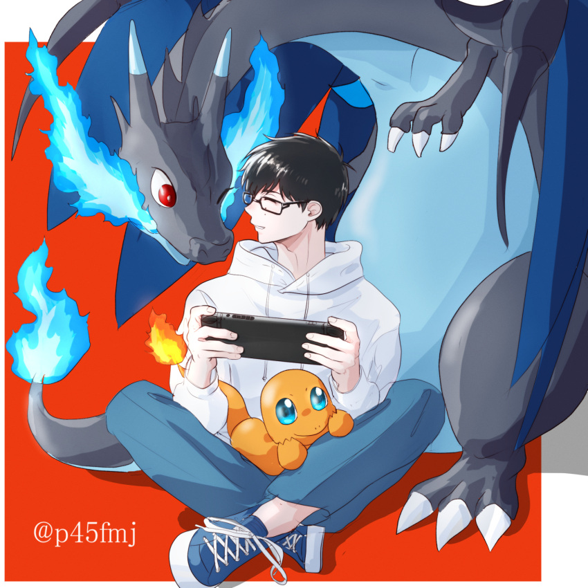 1boy, ao_no_exorcist, black_hair, blue_pants, blue_shoes, border, charizard, charmander