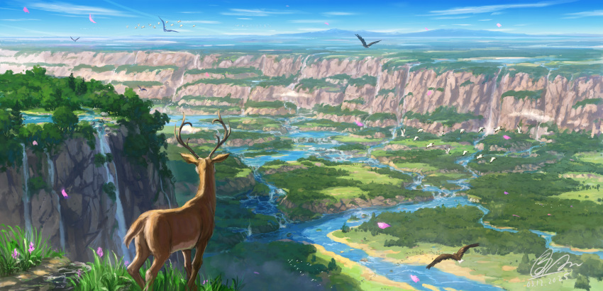 absurdres, bird, blue_sky, commentary_request, day, deer, eagle, flock