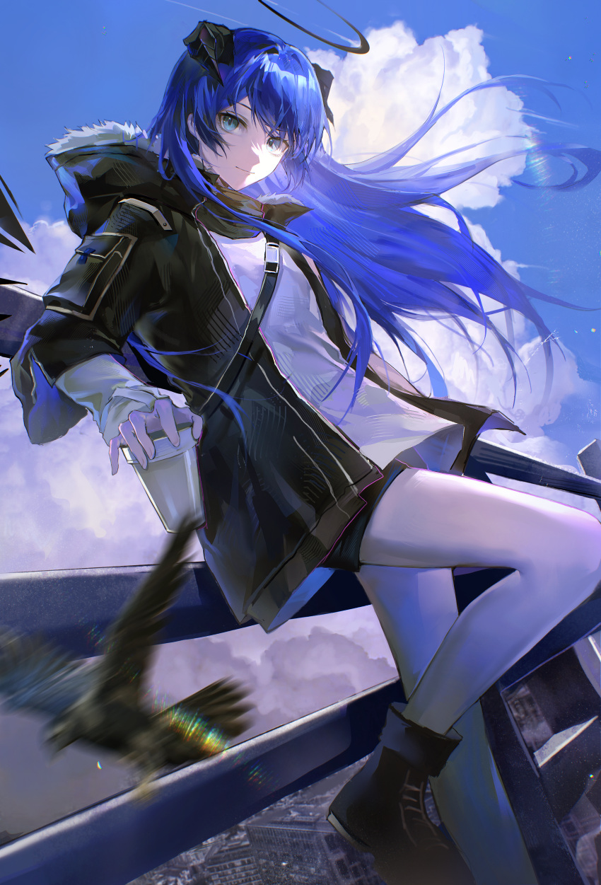 1girl, absurdres, against_railing, arknights, bird, black_halo, black_jacket, black_shoes