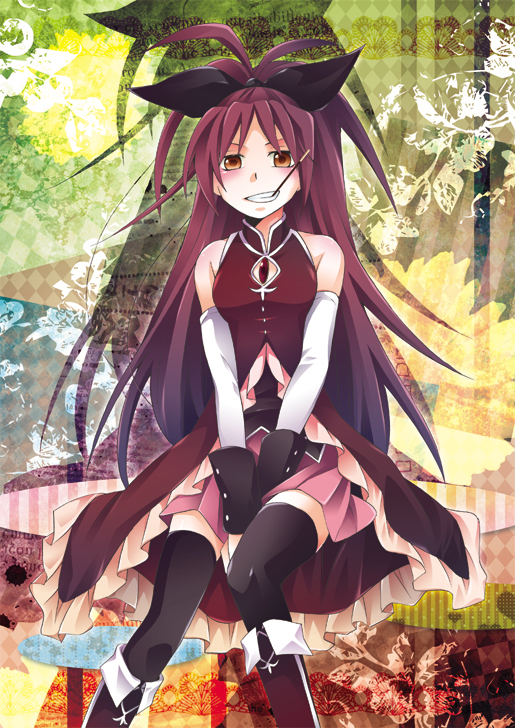 bad_id, bare_shoulders, black_legwear, boots, bow, hair_bow, izumin, izumin_(lc_123), long_hair, magical_girl, mahou_shoujo_madoka_magica, pocky, ponytail, red_eyes, red_hair, redhead, sakura_kyouko, sitting, solo, thigh-highs, thighhighs, zettai_ryouiki