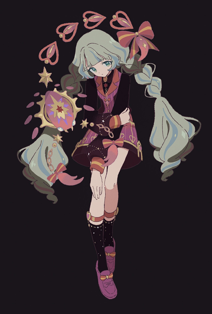 1girl, aikatsu!_(series), aikatsu_planet!, black_background, black_shirt, black_socks, blunt_bangs, bow, braid, closed_mouth, dress, full_body, green_eyes, green_hair, hair_bow, hand_on_own_leg, highres, koke_(koke7), loafers, long_hair, long_sleeves, looking_at_viewer, multicolored_hair, purple_dress, purple_shoes, q-pit, shirt, shoes, socks, solo, streaked_hair, twin_braids, very_long_hair