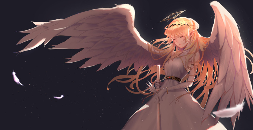 1girl, absurdres, angel, angel_wings, blonde_hair, closed_eyes, commentary, cp_(tlstjdghek)