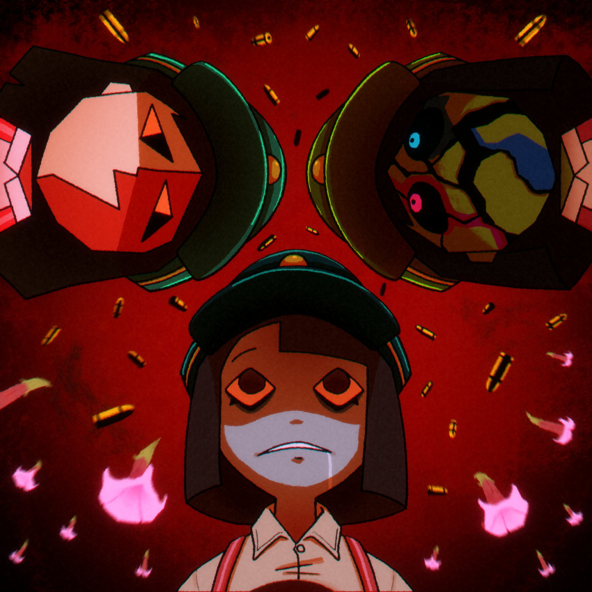 3girls, absurdres, ammunition, black_eyes, black_hair, blue_eyes, character_request, check_character, commentary, drooling, ena:_dream_bbq, ena_(dream_bbq), ena_(series), ena_(web_series), english_commentary, flower, green_ena, green_hat, handgun_cartridge, hangover_ena, hat, heterochromia, highres, marco_cardenas, multiple_girls, multiple_persona, red_background, red_eyes, salesperson_ena, shirt, short_hair, surreal, suspenders, upper_body, white_shirt