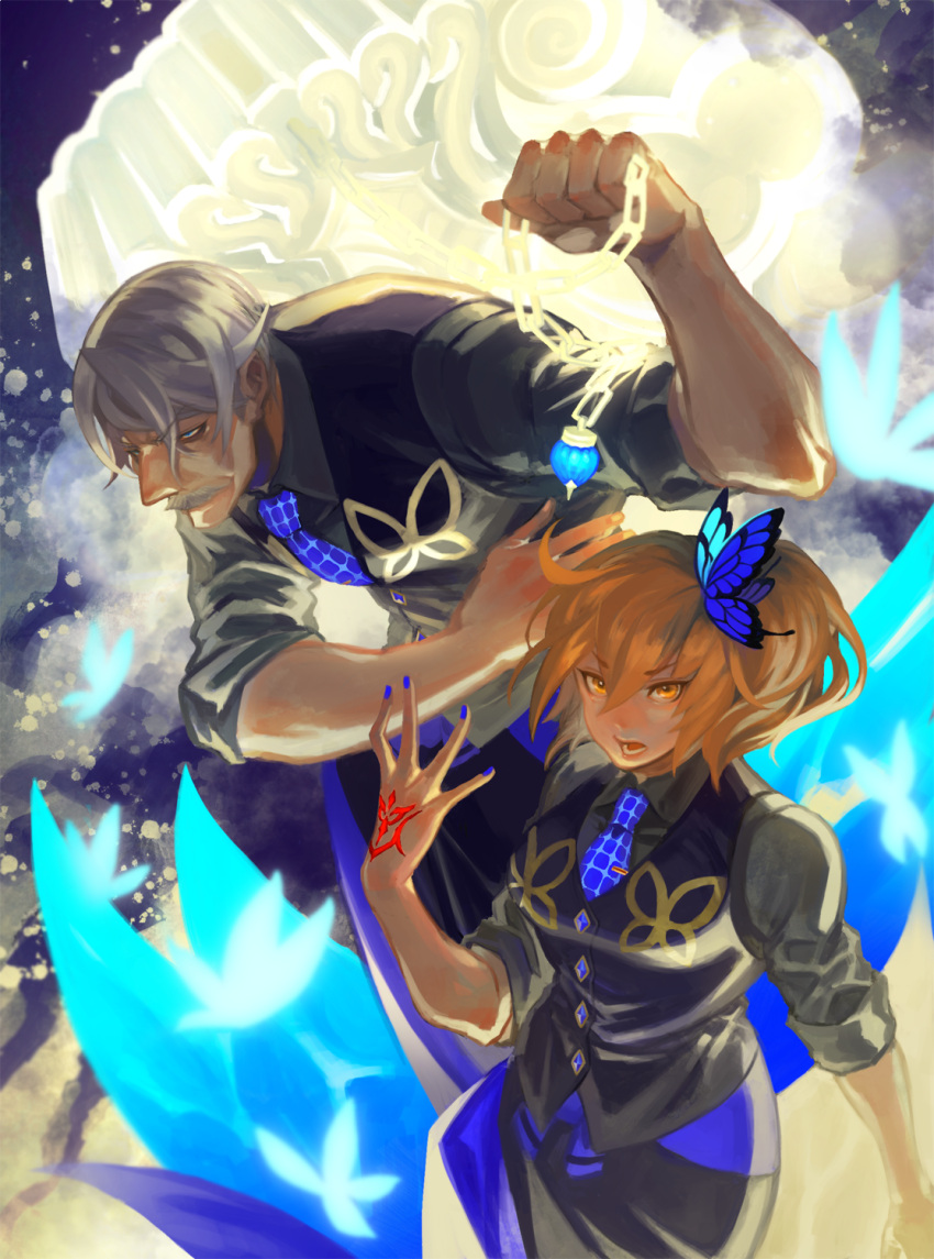 1boy, 1girl, black_vest, blue_necktie, butterfly_hair_ornament, chain, chaldea_boys_collection, command_spell