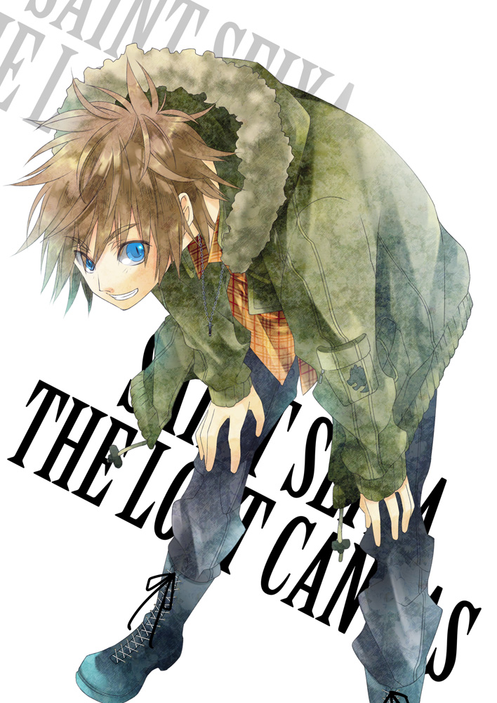 brown_hair, casual, hanei, jacket, leo_regulus, saint_seiya, saint_seiya:_the_lost_canvas, short_hair, solo, title_drop