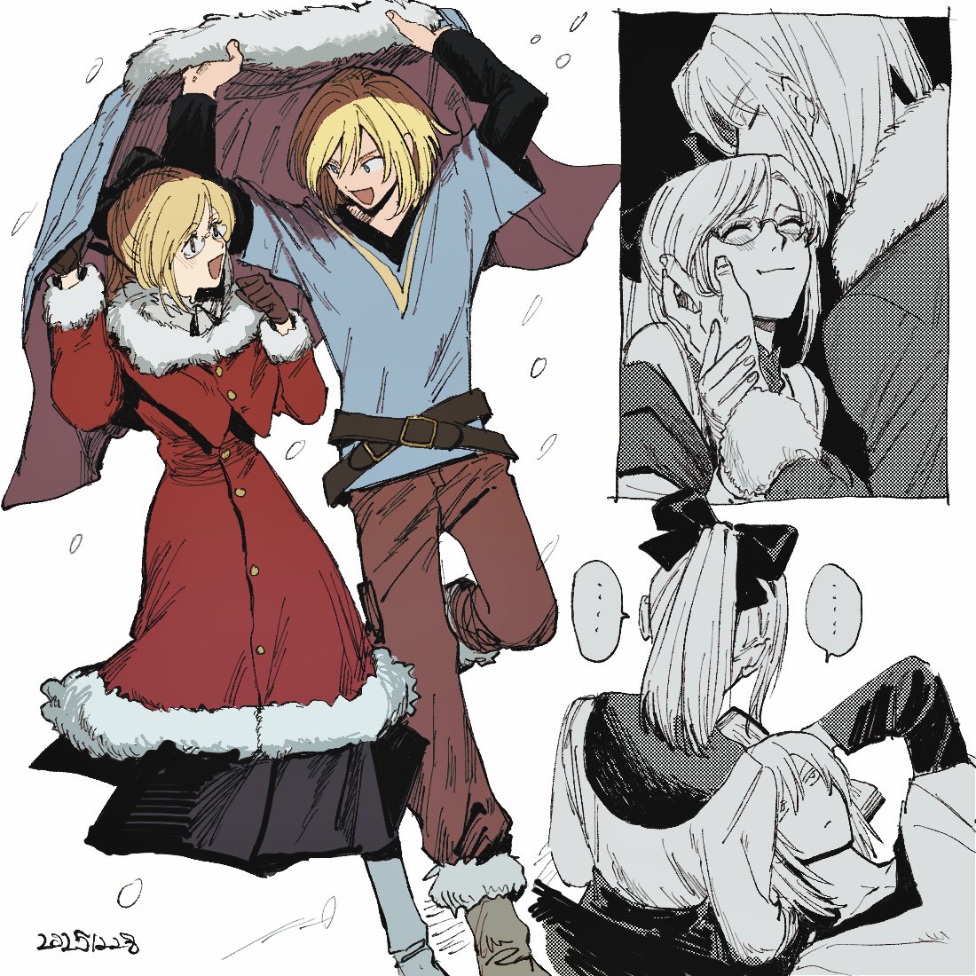 ..., 0hyszgzg7k23634, 1boy, 1girl, ^_^, alternate_costume, alternate_skin_color, belt