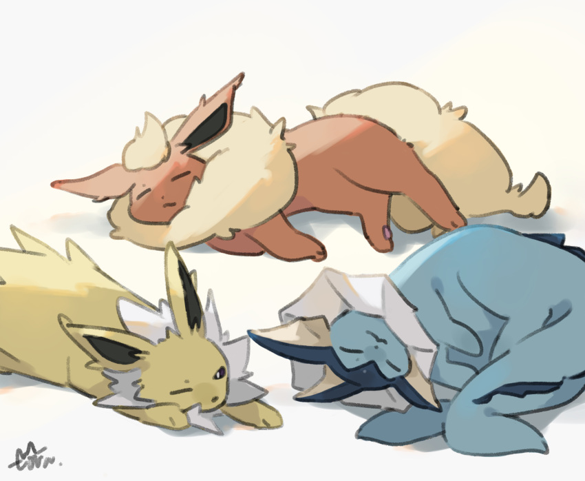 animal_focus, closed_eyes, closed_mouth, commentary_request, flareon, highres, jolteon, lying