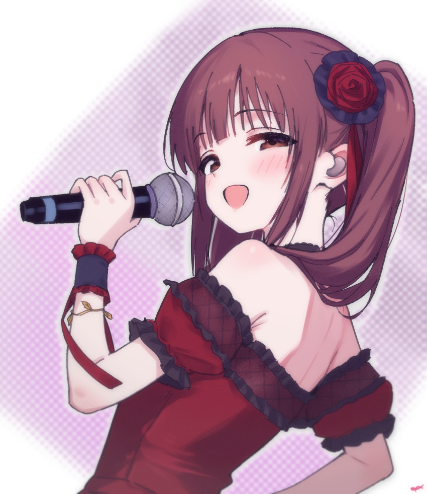 1girl, :d, armpit_crease, bare_shoulders, brown_eyes, brown_hair, choker, commentary_request