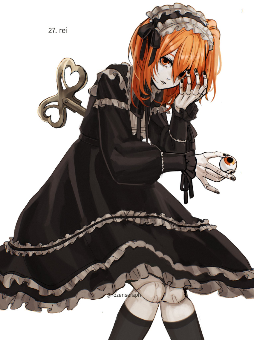 1girl, a.i._voice, adachi_rei, alternate_costume, character_name, commentary, doll_joints, dress, english_commentary, eye_socket, eyeball, frilled_dress, frills, gothic_lolita, hairband, hand_up, highres, holding, holding_eyeball, invisible_chair, joints, lolita_fashion, lolita_hairband, long_hair, long_sleeves, looking_at_viewer, nail_polish, one_side_up, orange_eyes, orange_hair, parted_lips, rozenseraph, sitting, socks, solo, twitter_username, utau, winding_key