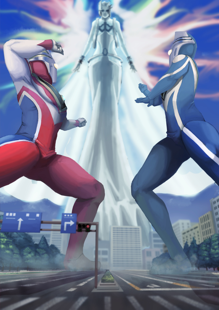 1girl, 2boys, absurdres, alien, arm_up, armor, asymmetrical_horns, black_eyes
