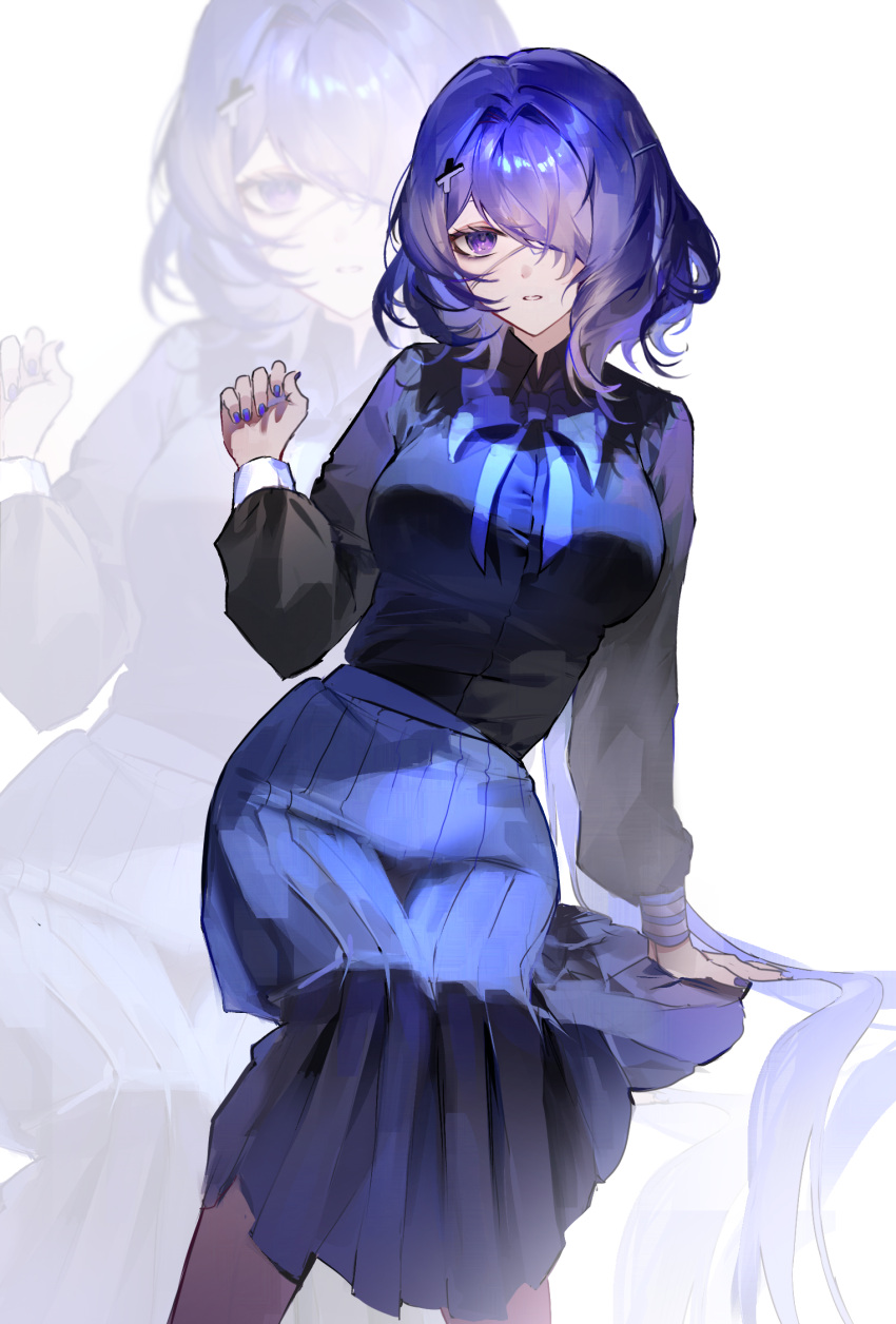 1girl, alternate_costume, arknights, black_shirt, blue_bow, blue_bowtie, blue_nails, bow