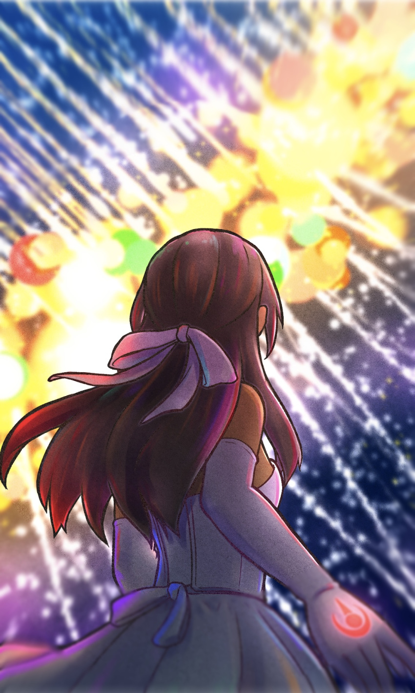 1girl, backlighting, bare_shoulders, blurry, blurry_background, bow, brown_hair, command_spell