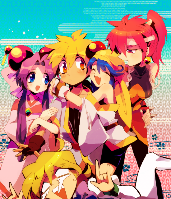 3girls, blonde_hair, bloodberry, blue_hair, cherry_(saber_j), egasumi, fingerless_gloves, gloves