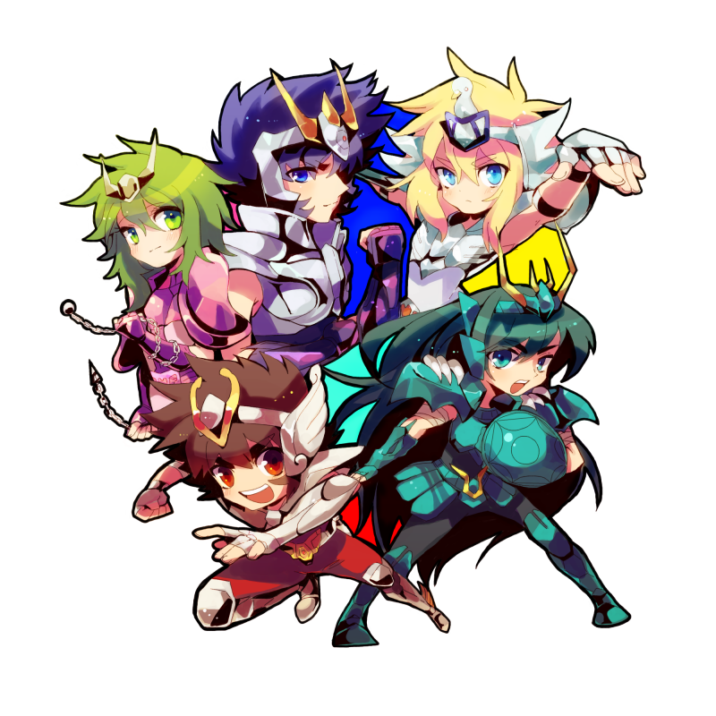 5boys, androgynous, andromeda_shun, armor, black_hair, blonde_hair, blue_hair, brown_hair, chibi, cygnus_hyoga, dragon_shiryu, green_hair, kinako_(462), long_hair, male, multiple_boys, pegasus_seiya, phoenix_ikki, pink_armor, saint_seiya, silver_armor, simple_background, white_background