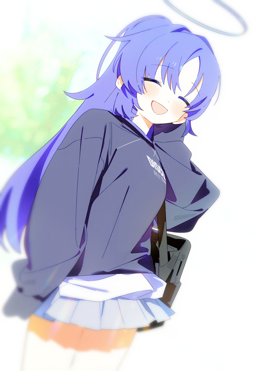 1girl, ^_^, absurdres, alternate_costume, bag, black_bat, black_hoodie, blue_archive