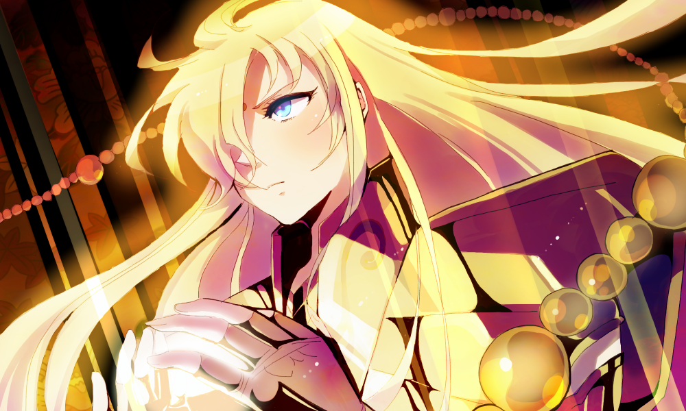 androgynous, armor, bad_id, blonde_hair, blue_eyes, facial_mark, kinako_(462), long_hair
