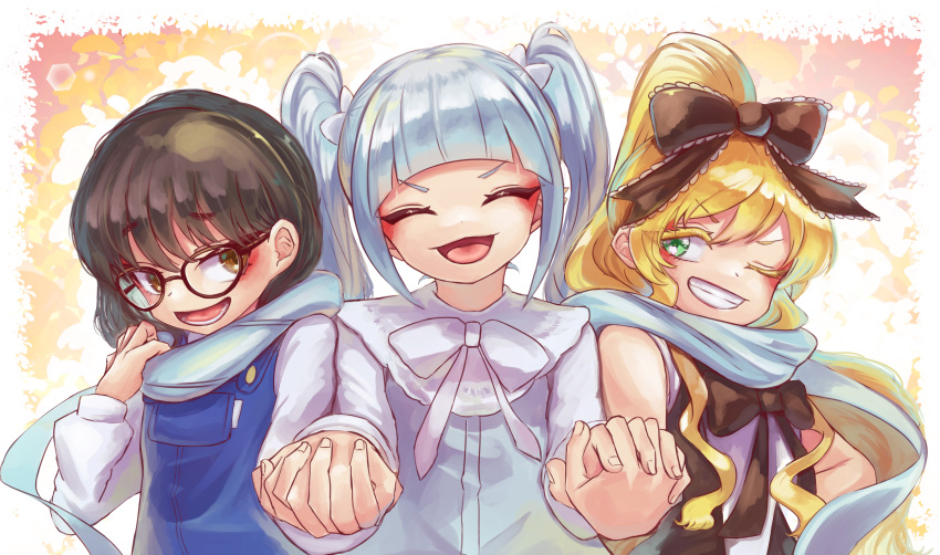 3girls, :d, ;), ^_^, absurdres, bare_arms, bare_shoulders, black-framed_eyewear