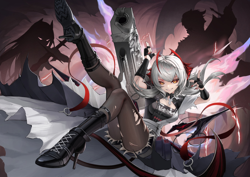 1girl, absurdres, antenna_hair, arknights, black_gloves, black_shirt, black_shorts, boots