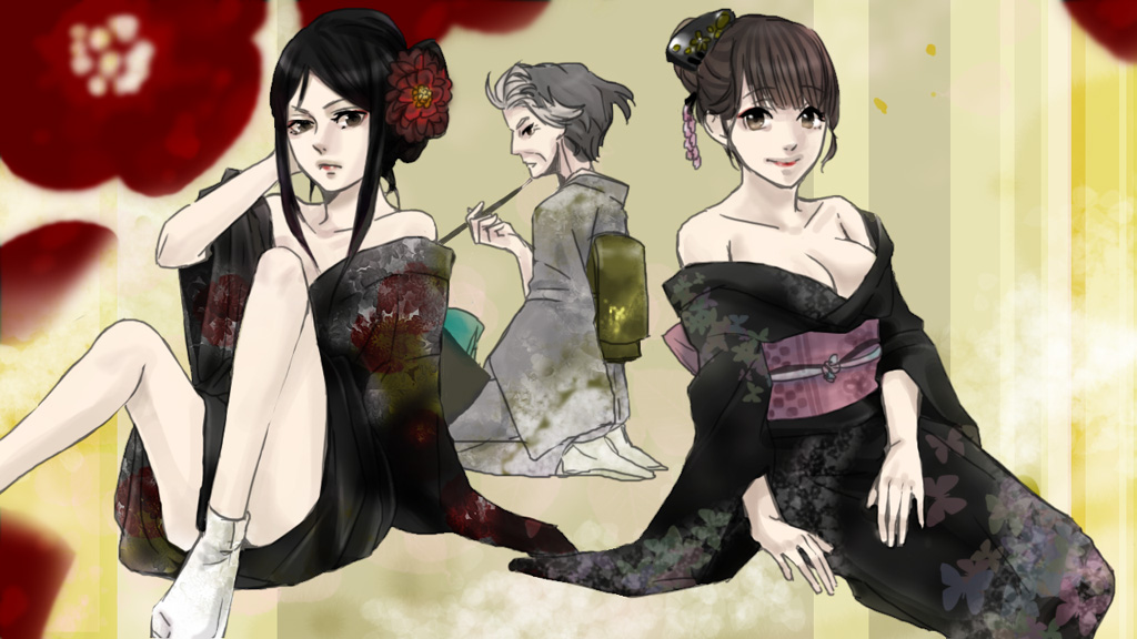 breasts, cleavage, flower, hair_bun, hair_flower, hair_ornament, hanasaku_iroha, japanese_clothes