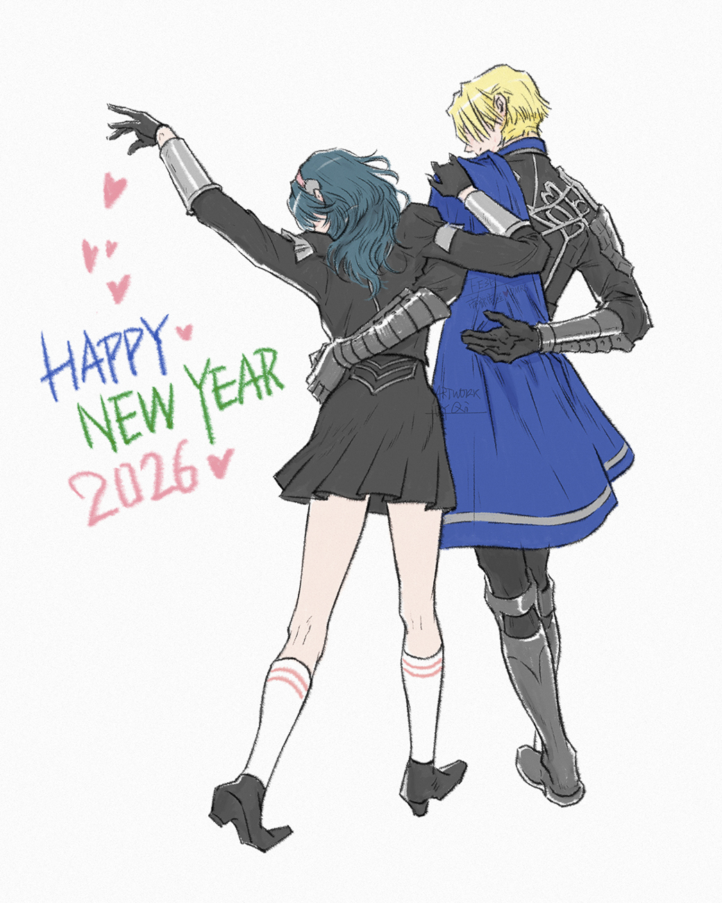 1boy, 1girl, 2026, arm_behind_another's_back, arm_behind_back, arm_up, armor, armored_boots