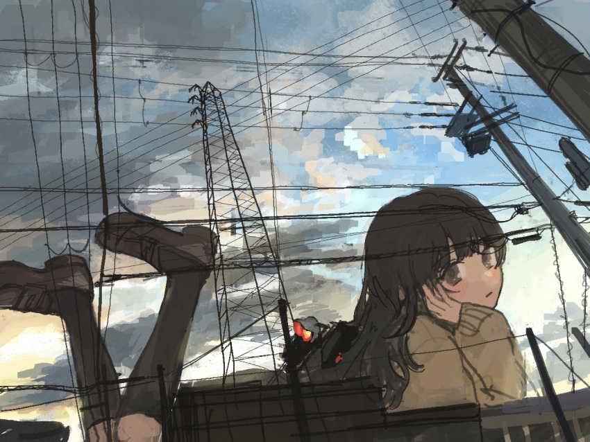 1girl, 62_retas, black_hair, clouds, contrail, day, long_hair, looking_at_viewer