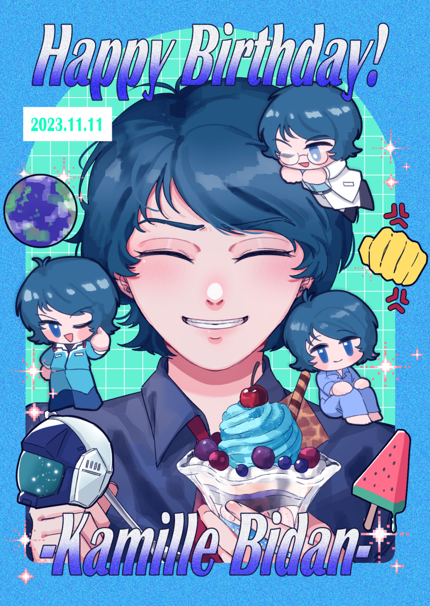 1boy, ;d, ^_^, anger_vein, aqua_background, blue_border, blue_eyes, blue_hair