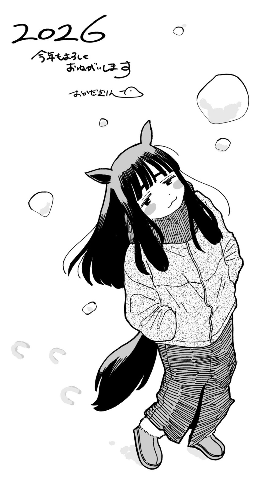 1girl, animal_ears, blush, commentary_request, dated, full_body, greyscale, highres