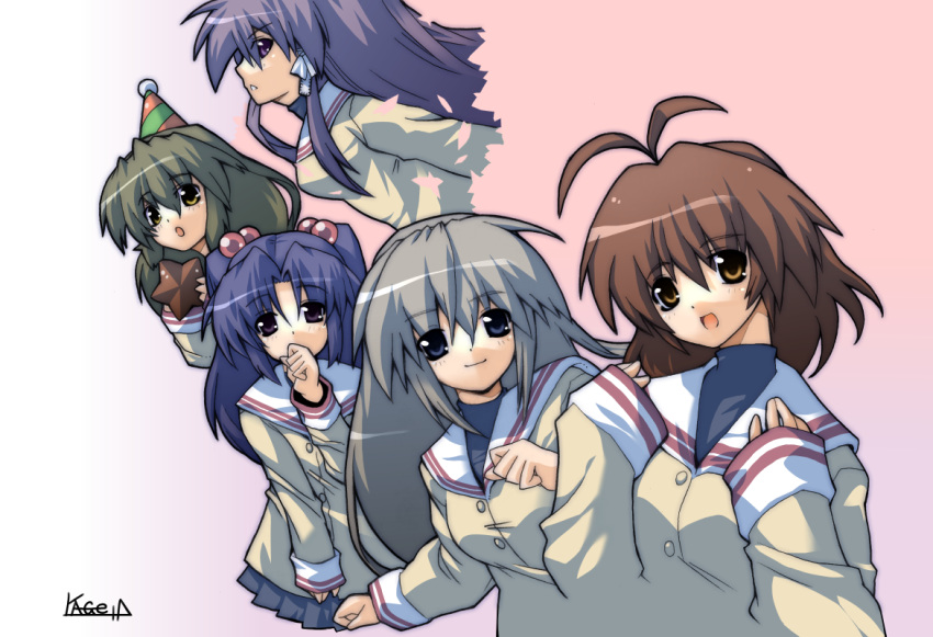brown_hair, clannad, fujibayashi_kyou, furukawa_nagisa, green_hair, hat, ibuki_fuuko, ichinose_kotomi