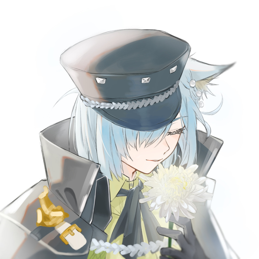 1girl, animal_ears, arknights, black_cape, black_gloves, black_hat, blue_hair, cape
