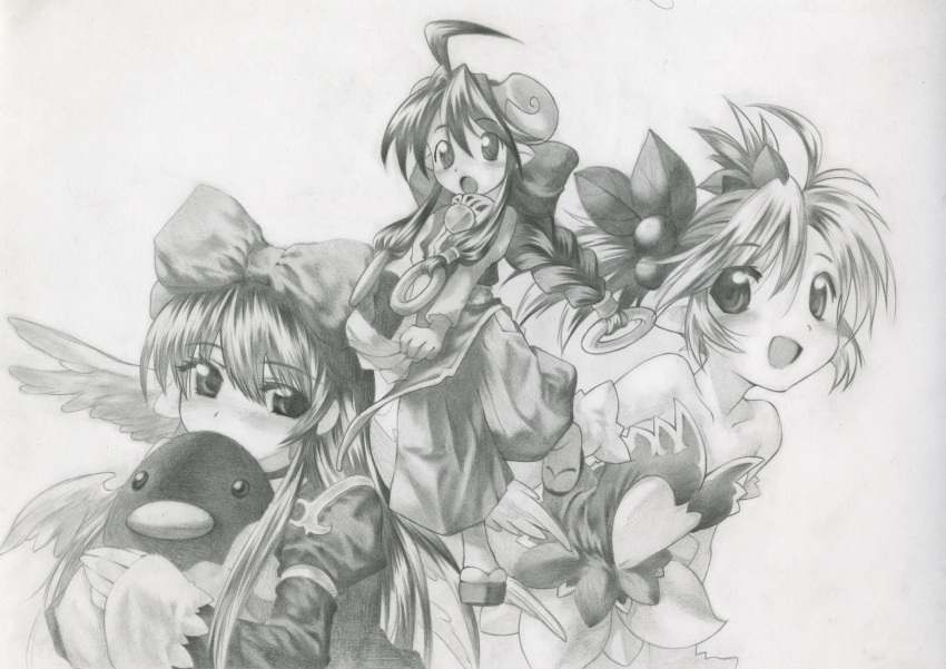 3girls, aruma_(shinrabanshou), baggy_pants, bow, braid, clothing_cutout, commentary_request, curled_horns
