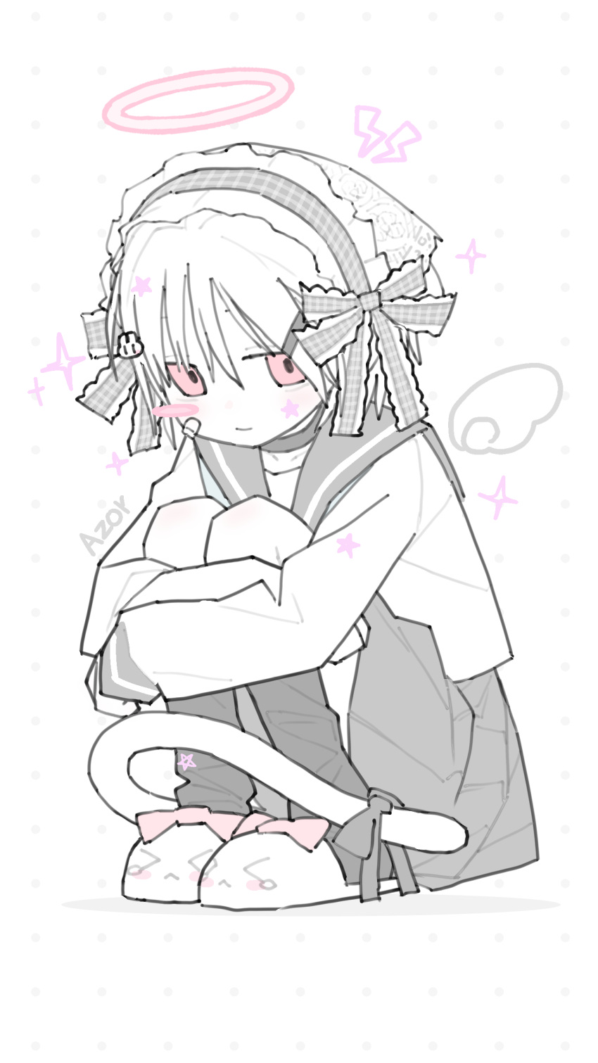 1girl, absurdres, blush, closed_mouth, commentary, dress, feathered_wings, halo