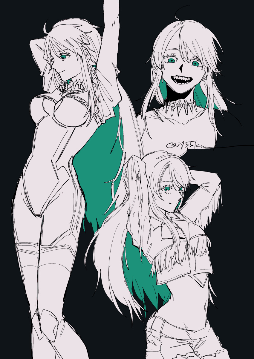 1girl, 3755km, absurdres, breasts, colored_inner_hair, commentary, fate/grand_order, fate_(series), green_eyes, green_hair, highres, kukulkan_(fate), kukulkan_(first_ascension)_(fate), kukulkan_(second_ascension)_(fate), large_breasts, leotard, long_hair, looking_at_viewer, mexican_clothes, multicolored_hair, shorts, solo, symbol-only_commentary, white_hair, white_leotard