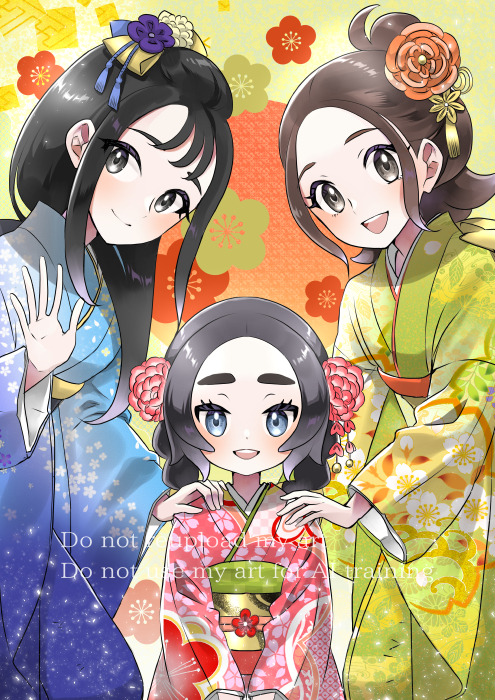 3girls, :d, alternate_costume, ansha_(pokemon), black_hair, blue_kimono, blush, brown_hair