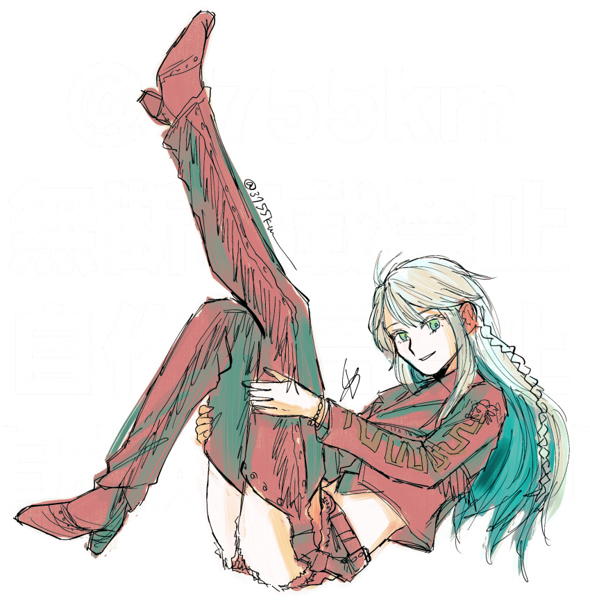 1girl, 3755km, absurdres, colored_inner_hair, commentary, fate/grand_order, fate_(series), green_eyes, green_hair, highres, kukulkan_(fate), kukulkan_(first_ascension)_(fate), long_hair, looking_at_viewer, mexican_clothes, multicolored_hair, shorts, solo, white_hair