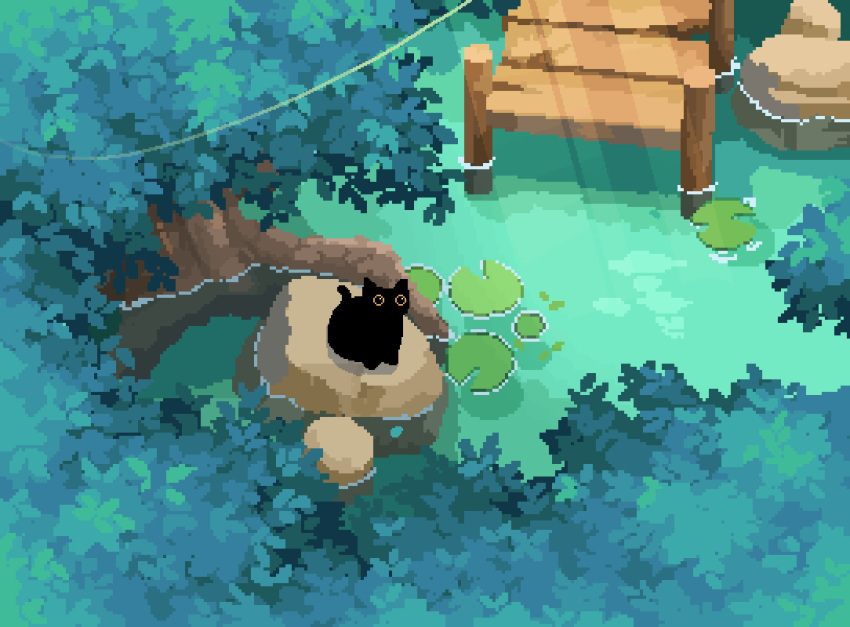 animal_focus, animated, animated_gif, black_cat, blinking, bush, cat, commentary, decomposedmaw, dock, falling_leaves, forest, grass, leaf, lily_pad, nature, no_humans, o_o, original, outdoors, pixel_art, pixelated, plant, pond, reflection, reflective_liquid, ripples, rock, scenery, tree, water, wind