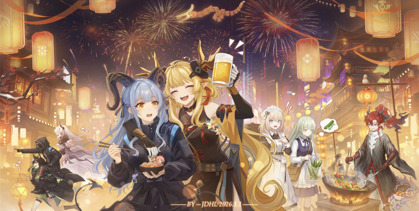 1boy, 1other, 2026, 6+girls, absurdres, aerial_fireworks, animal_ears, apron
