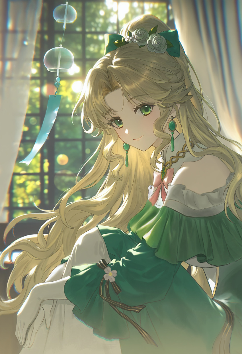 1girl, ao_(ao_alice22), arena_of_valor, bell, blonde_hair, dress, flower, green_dress