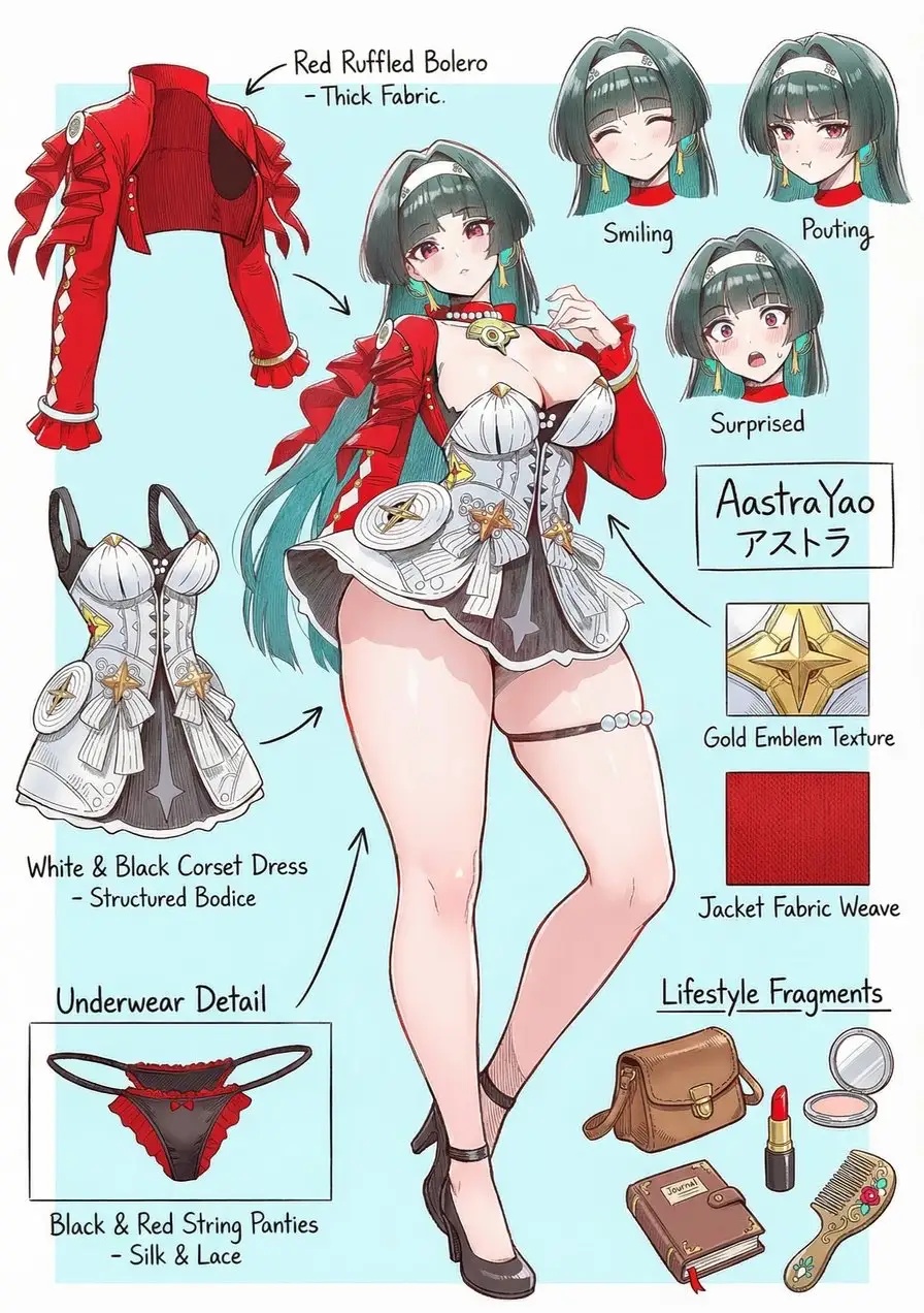 1girl, astra_yao, character_sheet, compact_(cosmetics), journal, lipstick, long_hair, makeup